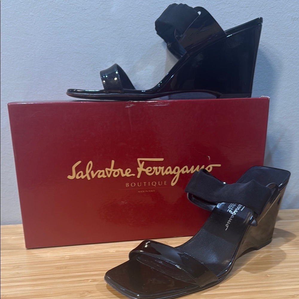 Salvatore Ferragamo Black Wedge Sandals
